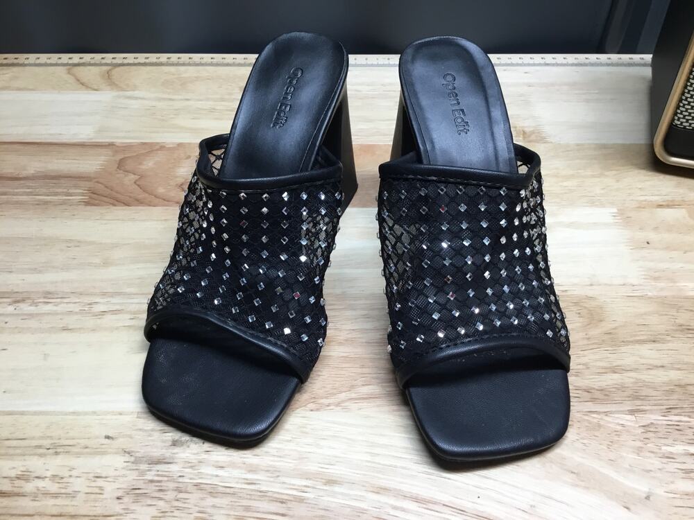 Open Edit Slide Sandals Women's 7 Black Mesh Rhinestones High Block Heels Preppy